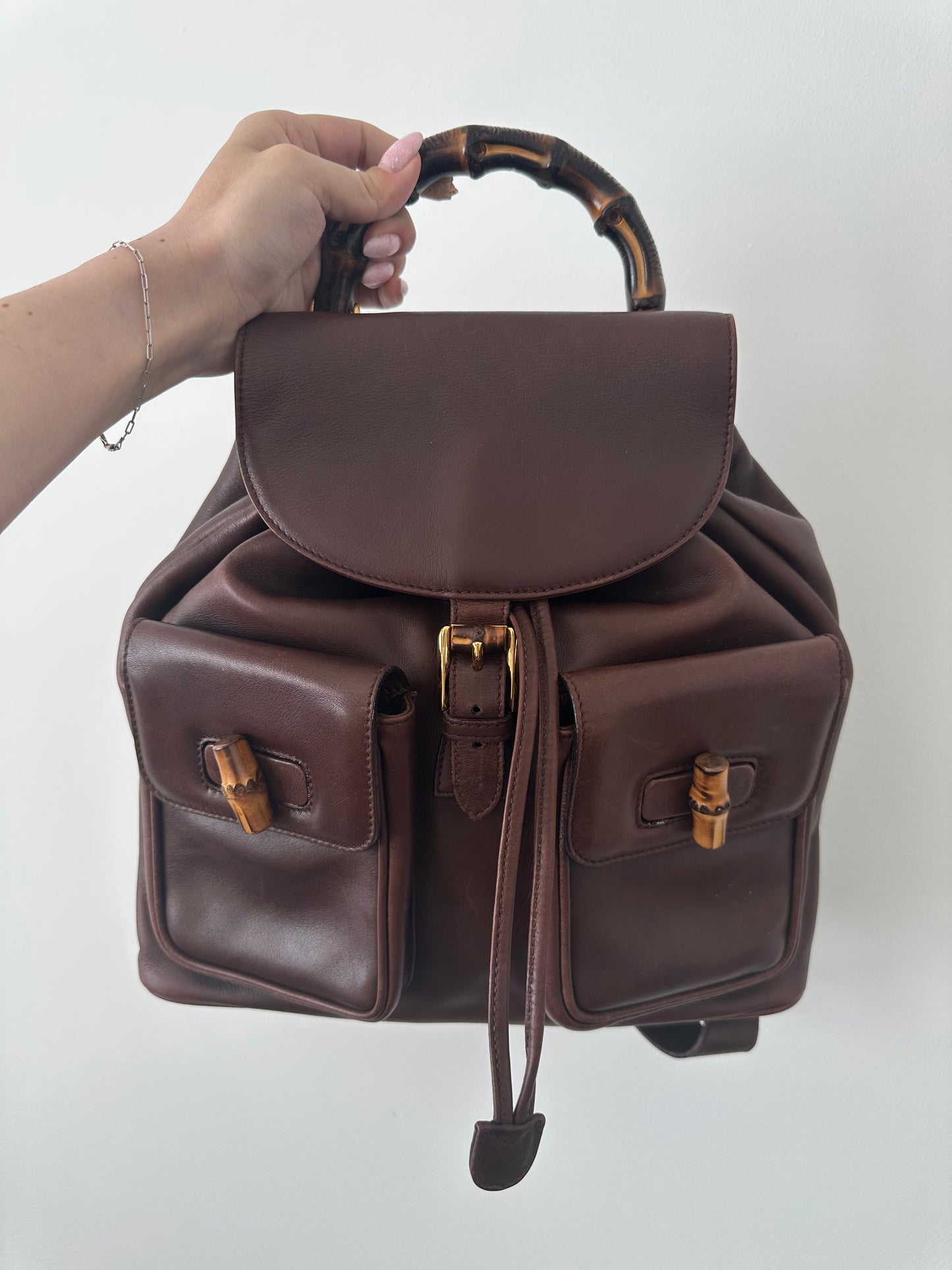 Vintage Brown Gucci Leather Backpack with Bamboo Handles