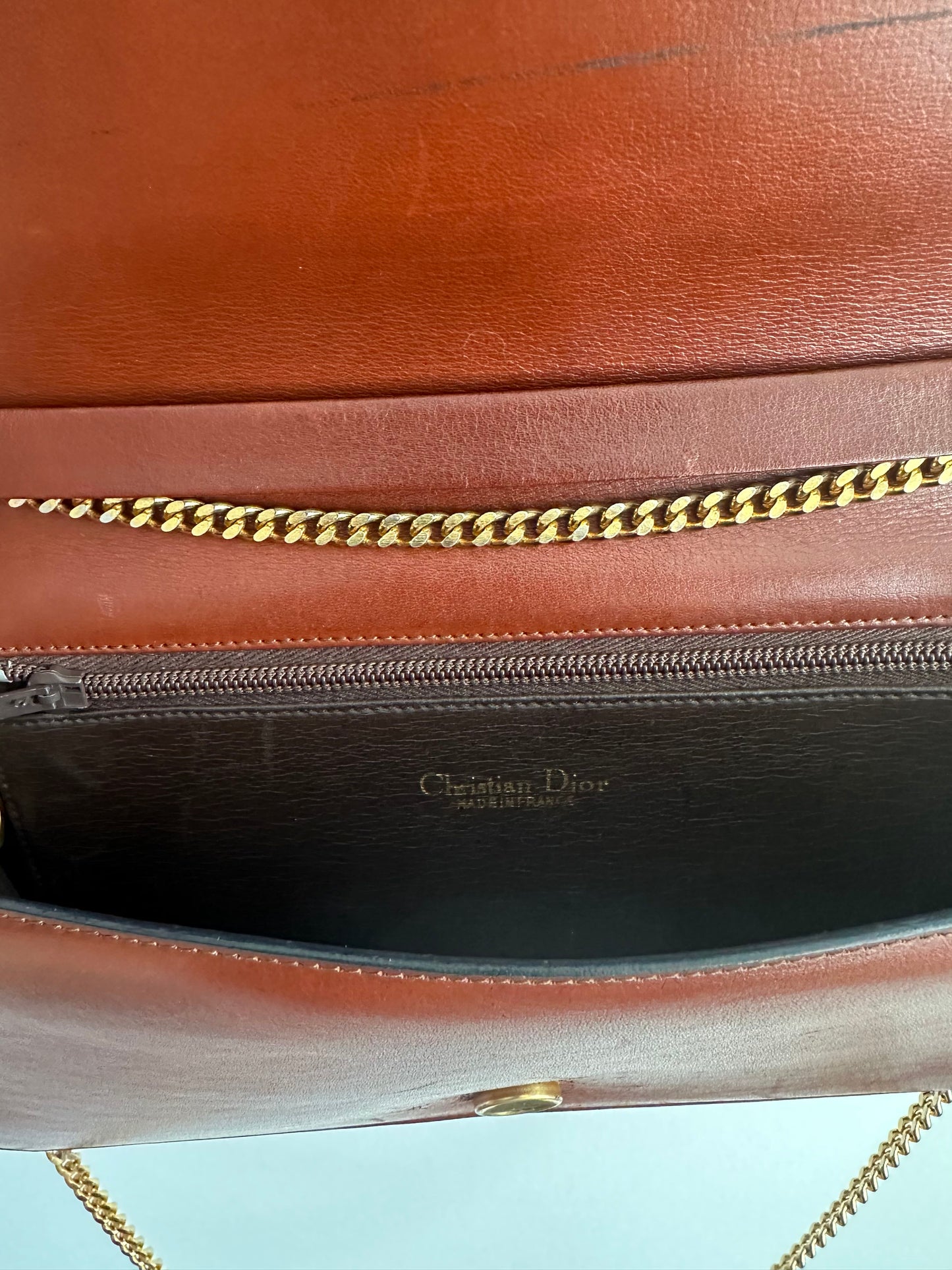 Vintage Christian Dior Brown Leather Shoulder Bag with Chain Strap