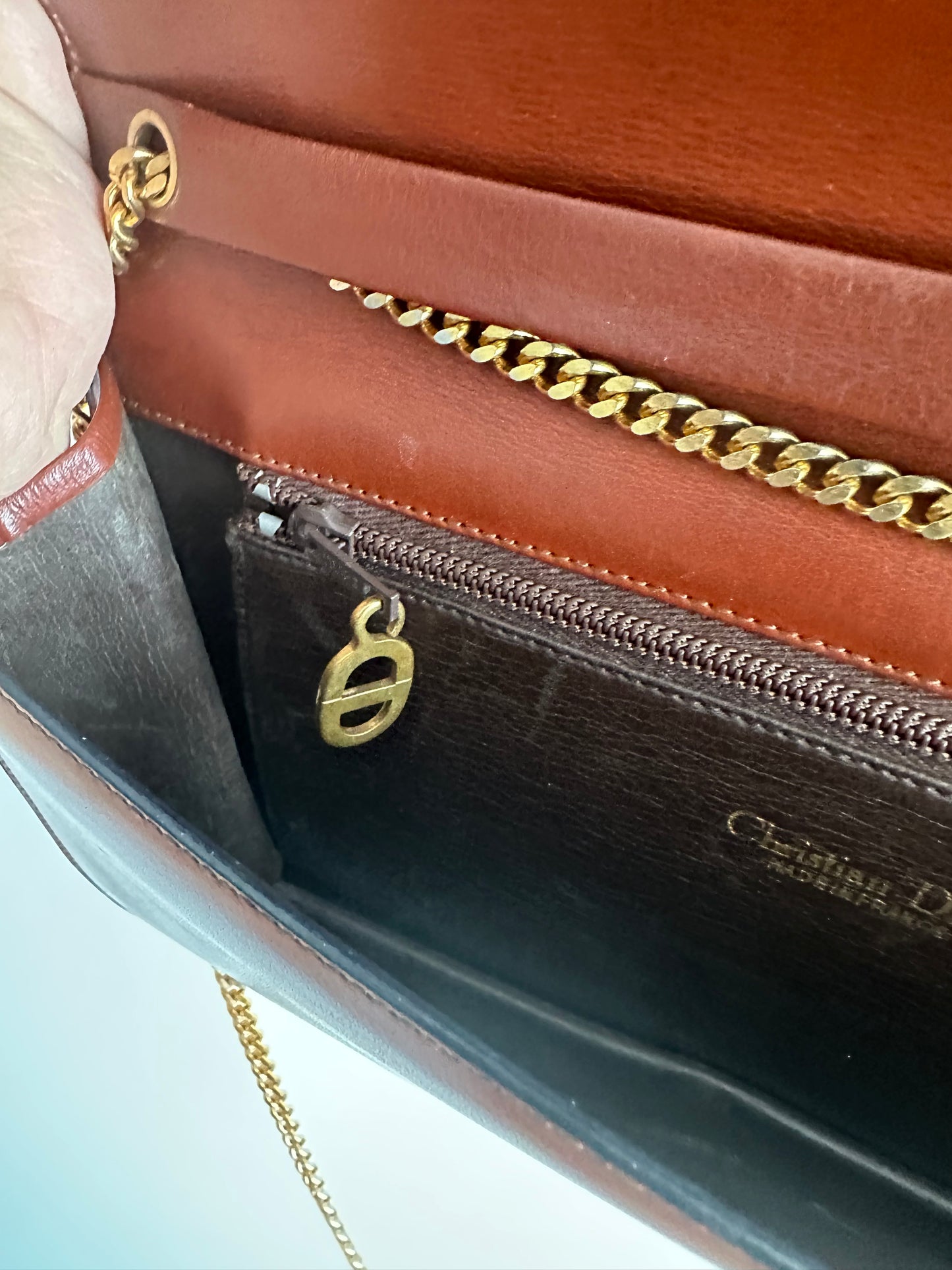 Vintage Christian Dior Brown Leather Shoulder Bag with Chain Strap
