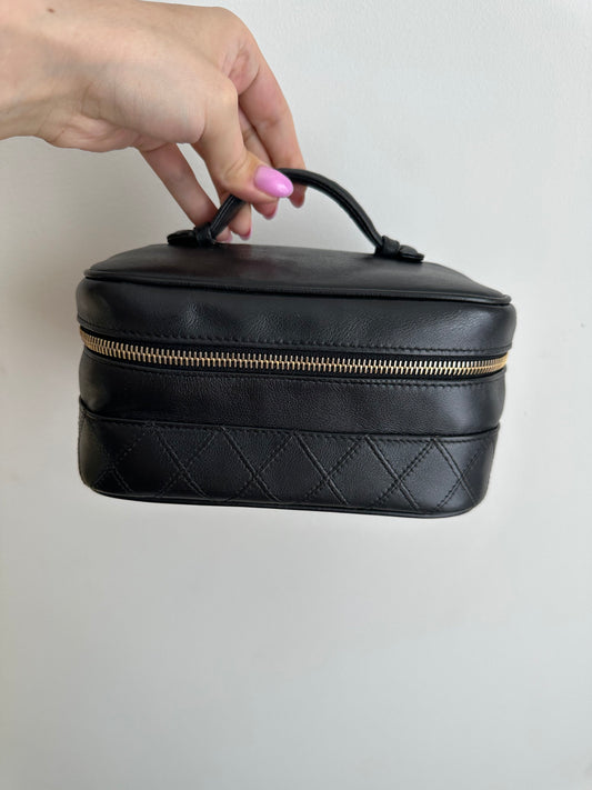 Vintage Chanel Black Leather Vanity Case/Cosmetics Pouch