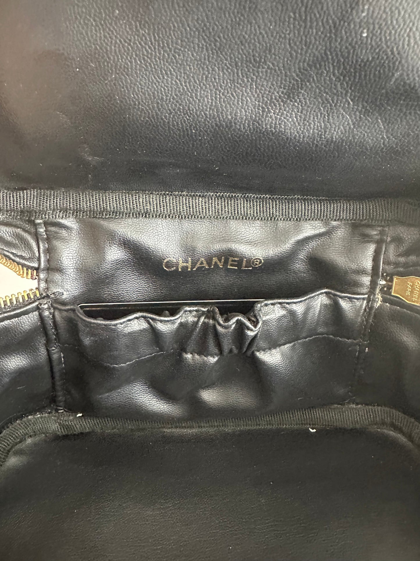 Vintage Chanel Black Leather Vanity Case/Cosmetics Pouch